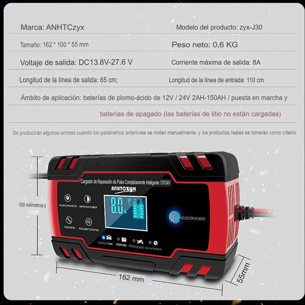 Cargador Inteligente De Batería Auto Baterías Moto 12v y 24v con carga rapida y desulfatador.