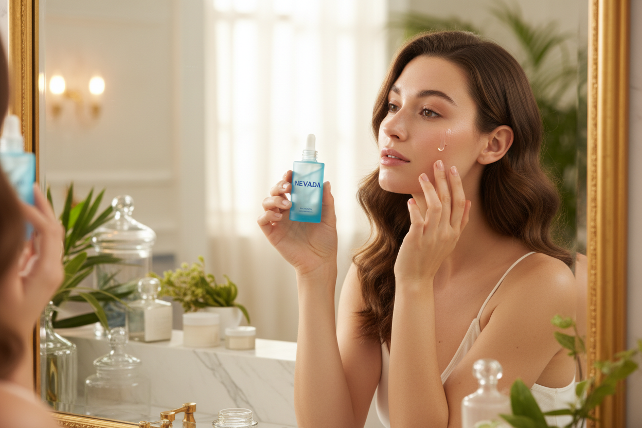 Crame una imagen de una chica de 25 años mirandose al espejo, usando suero facial de la marca nevada fasco azul letras azules 