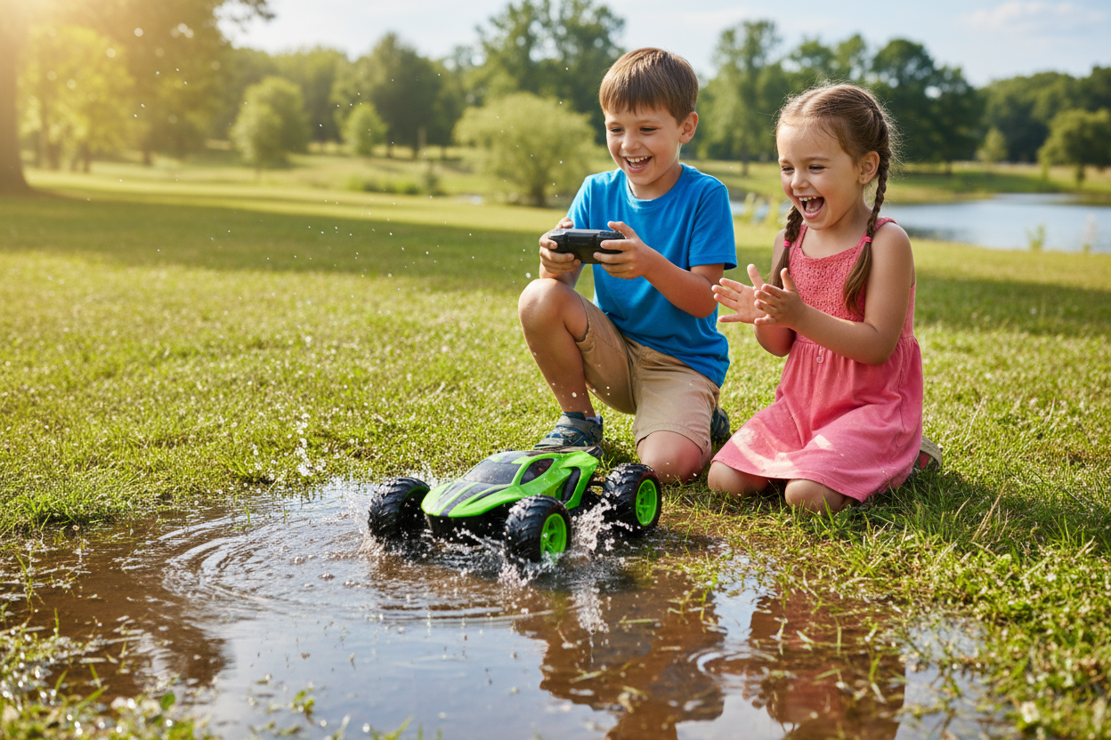Crea un aimagen de 2 nuños jugando con carro anfibio color verde y negro 
