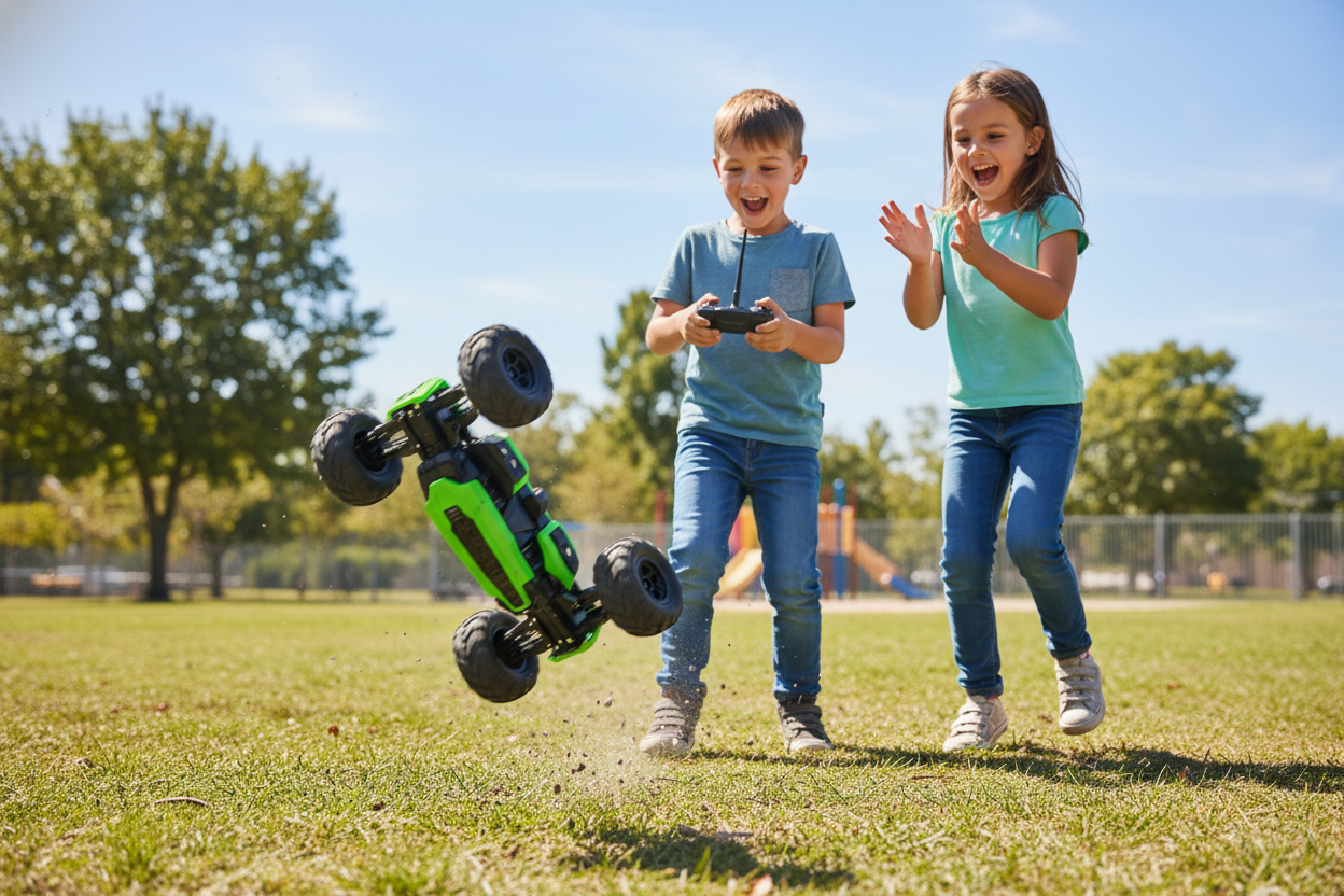 Crea una ioamgen de 2 niños jugando con carro acrobatico color verde y negro.
