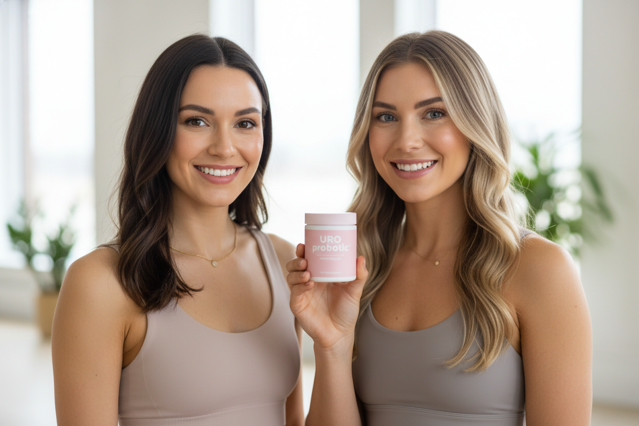 Creame un aimagen de 2 amigas que consumen URO probitic para higiene intima donde muestren el frasco rosado letras blancas y son sonrrisa de todo esta bien.