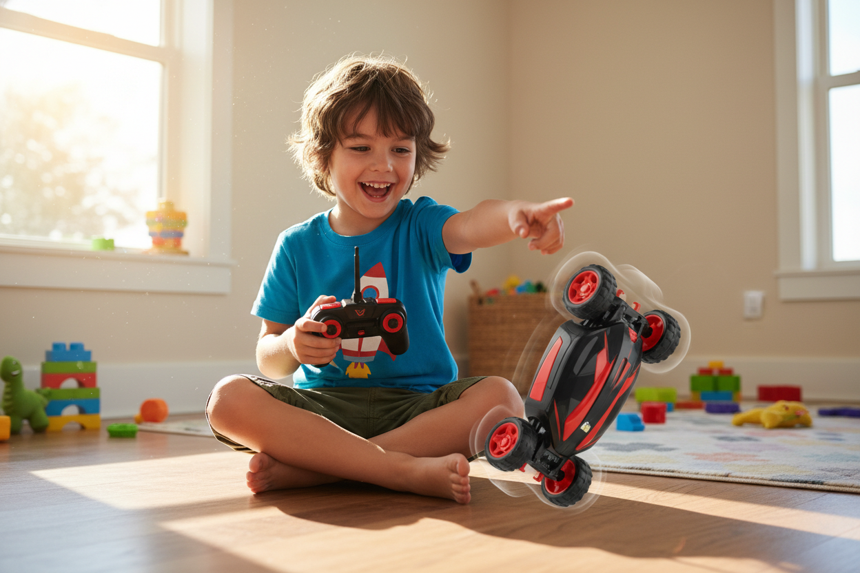 Creame una imagen de un niño de 6 aaños jugando con un carrito acrobatico color negro y rojo 