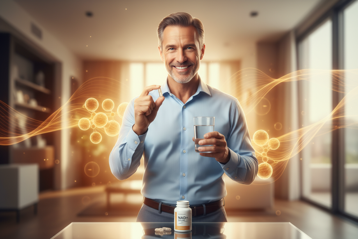 Creame una imagen de un sr de 50 años consumiendo capsulas de NAD + y que se sienta revitalizado 