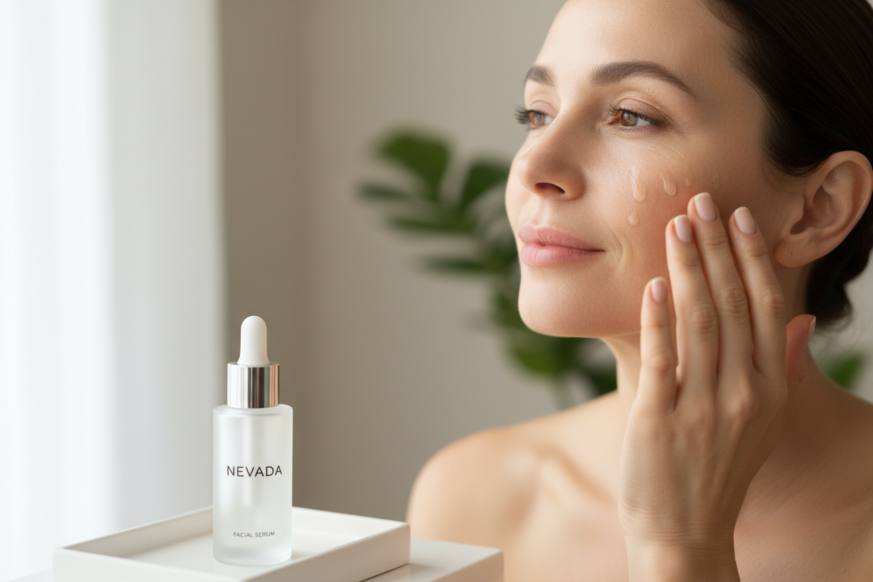 Creame una imagen de una mujer adulta de 45 años usando suero facial de la marca nevada.