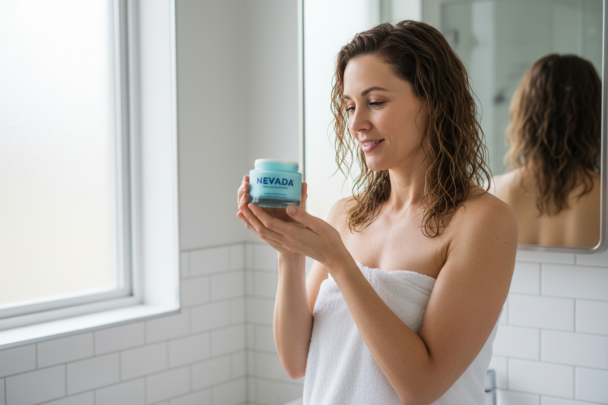 Creame una imagen de una mujer de 40 años saliendo de la ducha y miranod su crema hidratante de la marca NEVADA, pote celeste con letras azules.