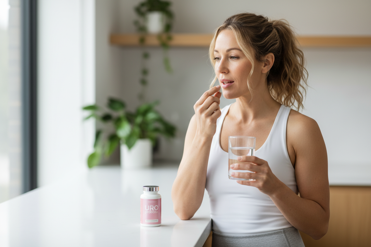 Creame una imagen de una mujer de 40 años, tomando capsulas de URO probiottic para la salud intima, frasco rosado letras blancas y que este con un vaso de agua frasco al costado, capsula en mano.