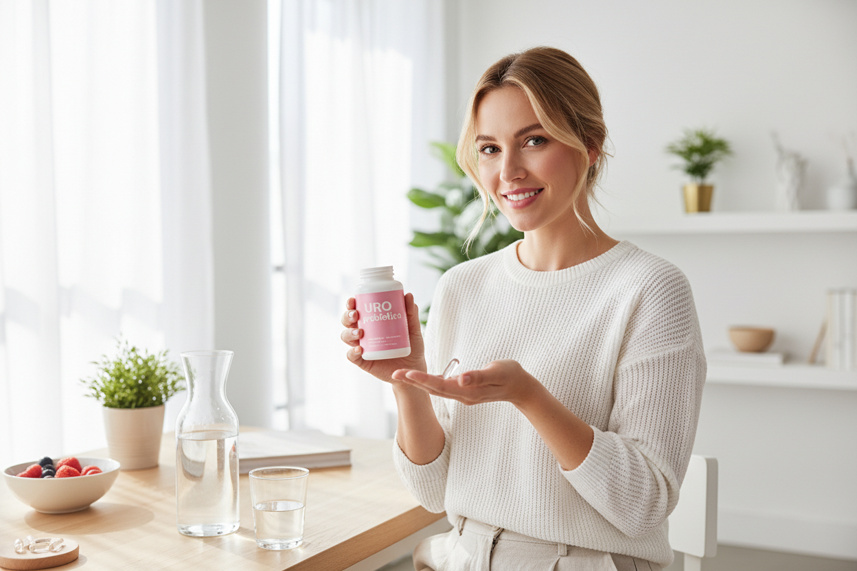 Creame una imagen de una mujer tomando capsulas de URO probiotico, para la salud untima, frasco rosado letras blancas, y que se sienta Fresh.