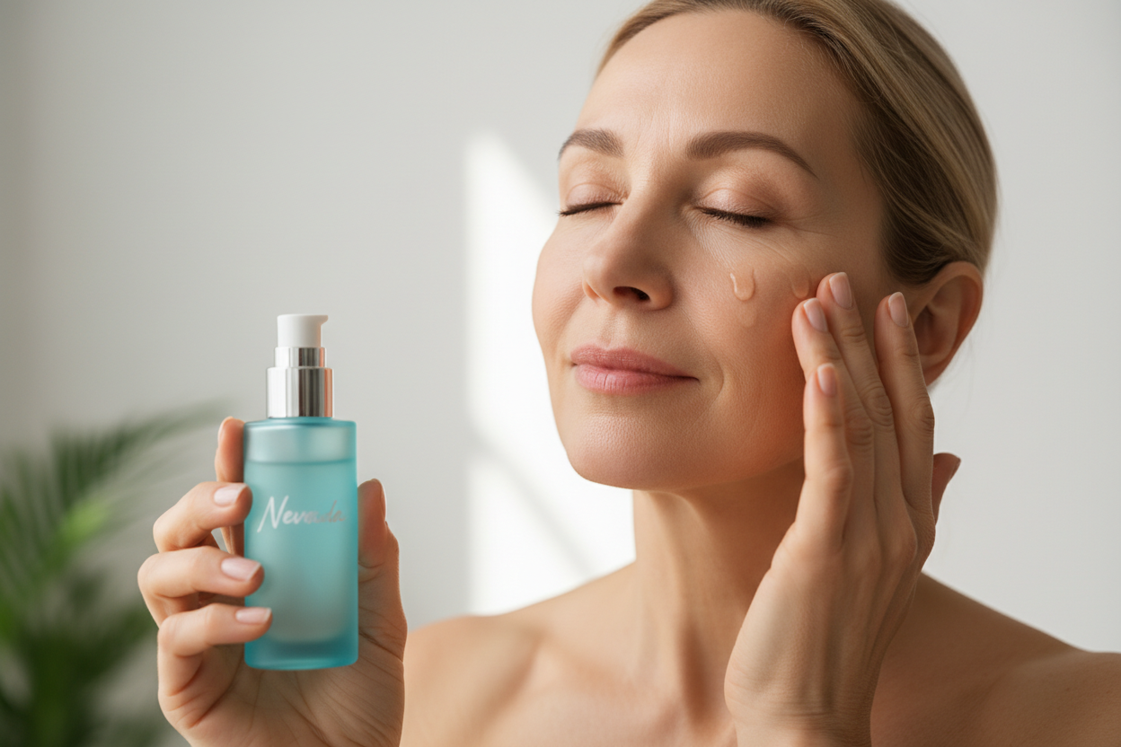 Creame una inamgen de una mujer de 60 años usando suero facial de la Marca Nevada frasco celeste 