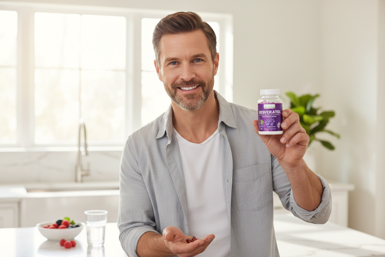 Dame una imagen de un varon 45 años tomando capsulas de RESVERATROL, Frasco morado con blanco