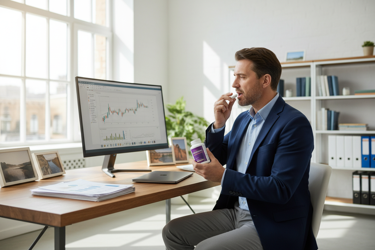 dame una imagen de un varon de 40 años tomando capsulas RESVERATROL, frasco Morado con blanco. y que este en su oficina.