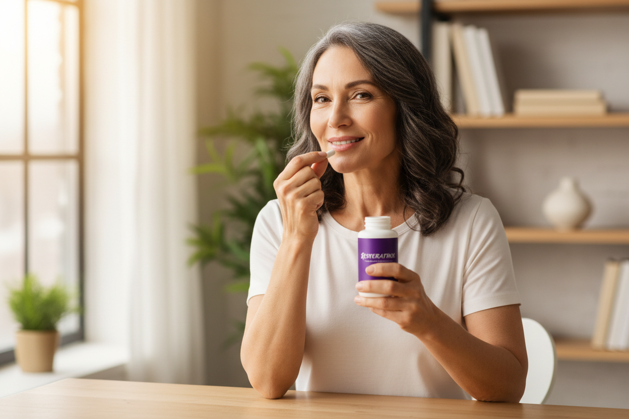 dame una imagen de una dama de 50 años tomando capsulas RESVERATROL, frasco Morado con blanco.