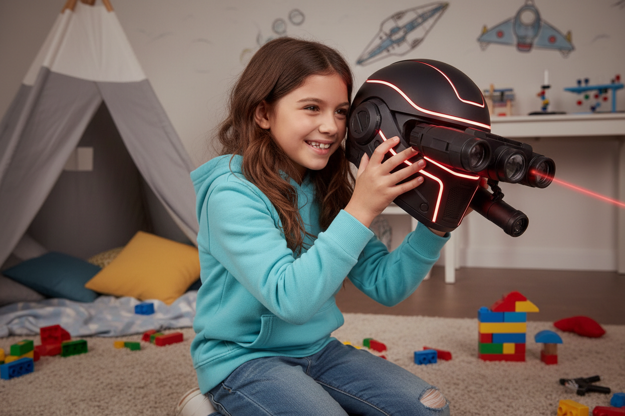 Genérame una imagen de una niña de 10 años, jugando con un casco multifuncional con laser, largavistas, en color negro y luces rojas.