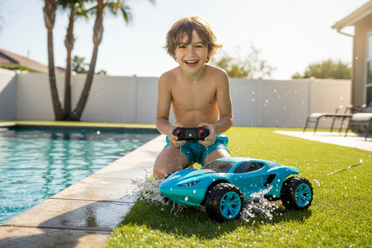 Genera imagen de un Niño jugango con un carro anfibio en la pisina y gras carro color azul con celeste 