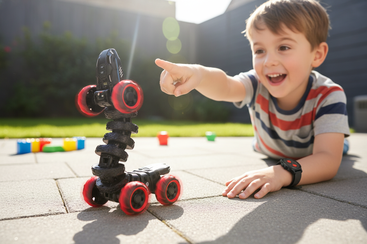 Genera una image de un Niño jugando con un Carrito acrobatico que le levanta como gusanito, control remoto tipo reloj en color negro llantas rojas.