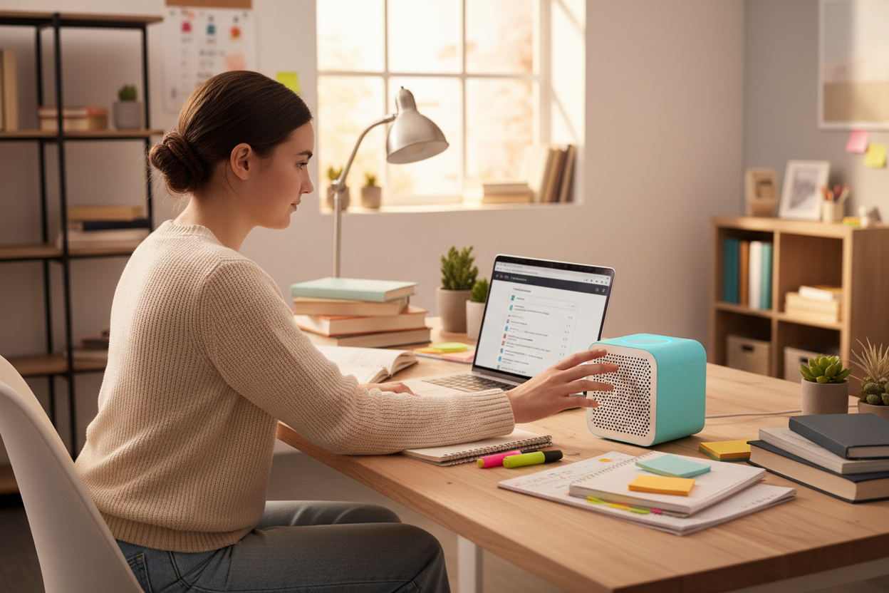 Genera una imagen de chica estudiante que tiene a Alexa F26 Cuadrada muy pequeña de color celeste y blanco  en su escritorio y le ayuda a organizar todas sus tareas 