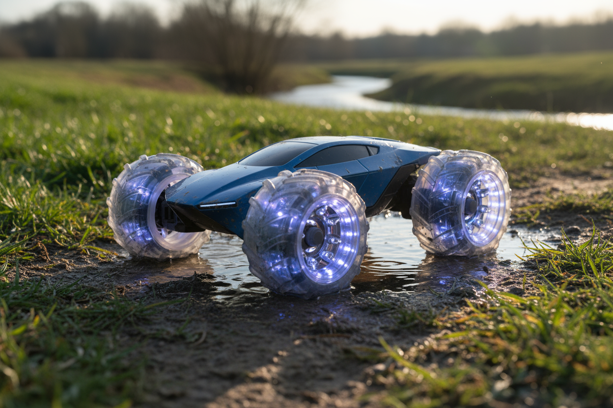 Genera una imagen de un carrito anfibio en la tirra y gras yantas tipo Tractor en color cleste, yantas trasnparente con luces, es pequeño , y solo las yantas son tipo tracto, el cuerpo del carrito es cari plano.