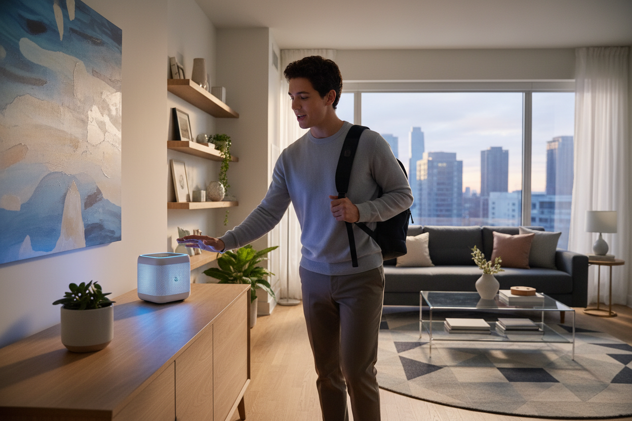 Genera una imagen de un joven que utiliza ALEXA F26 cuadrada dcolor blanco y celeste, LLega a su apartamento y le pide que le organice todo.