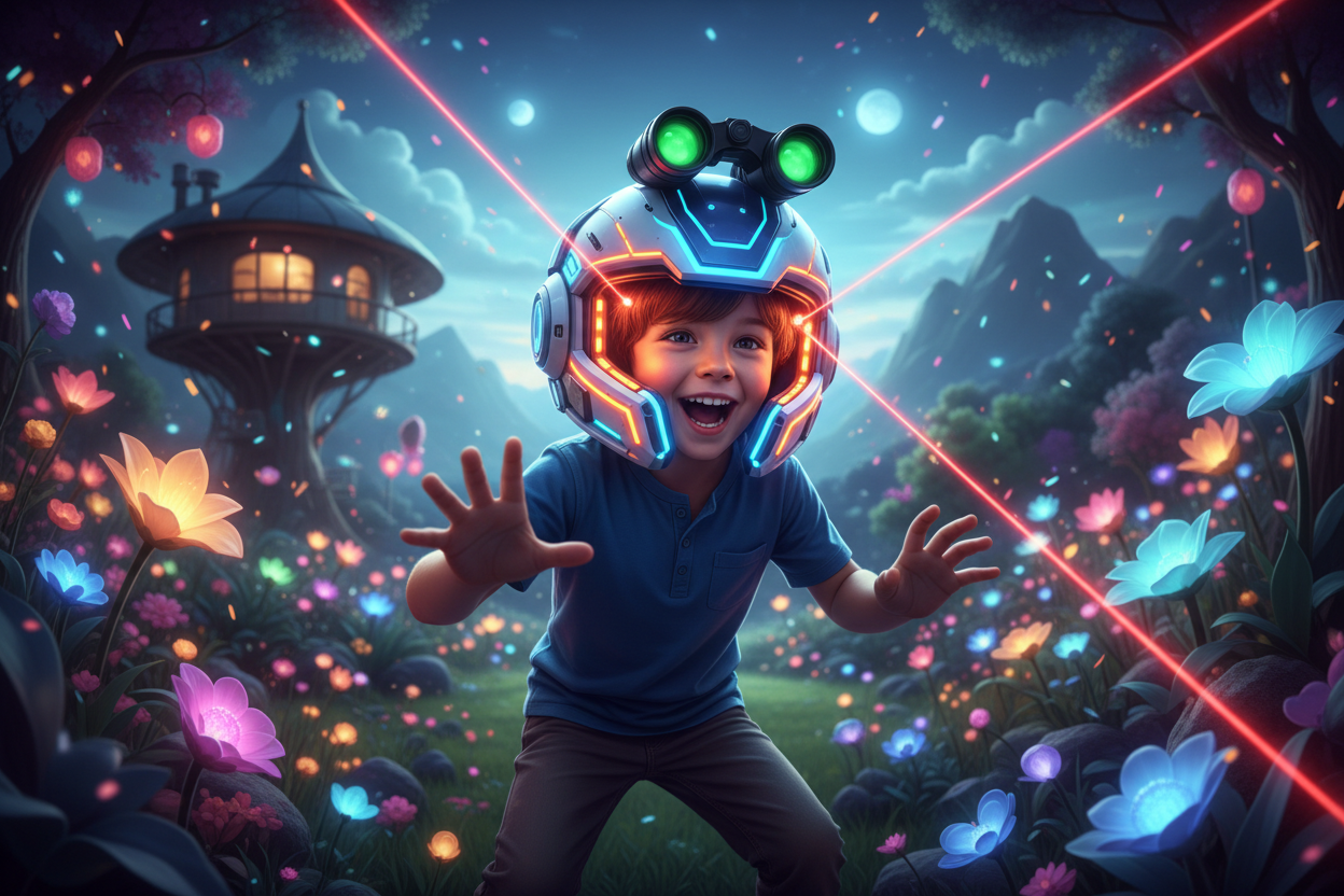 Genera una imagen de un niño de 6 años jugando con un casco multifuncional con luces laser y largavistas.