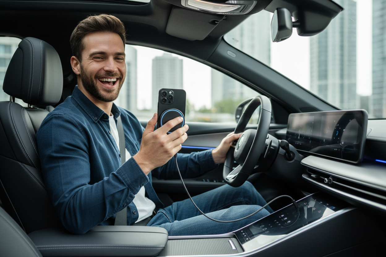 Genera una imagen de un varon de 30 años cargando su telefono con cargador magnetico redondo en su auto. y esta feliz