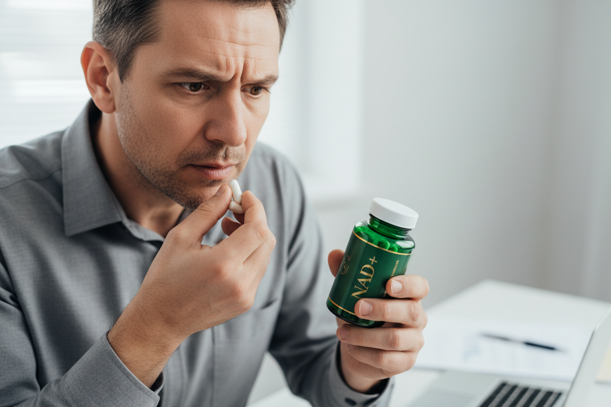 genera una imagen de un varon de 40 años tomando capsulas de NAD+ frasco verde tapa blanca letras doradas y que este estresada.