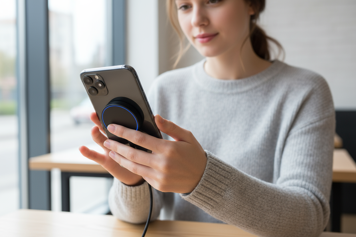 Genera una imagen de una chica cargado su telefono con cargador magnetico 360| gradoa color negro redondo pequeñito