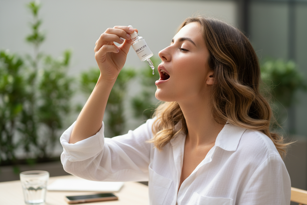 Genera una imagen de una chica usando gotas de breatify para el mal aliento, y una imagen separada de un hombre usando gotas de Breatify dentro de su auto.