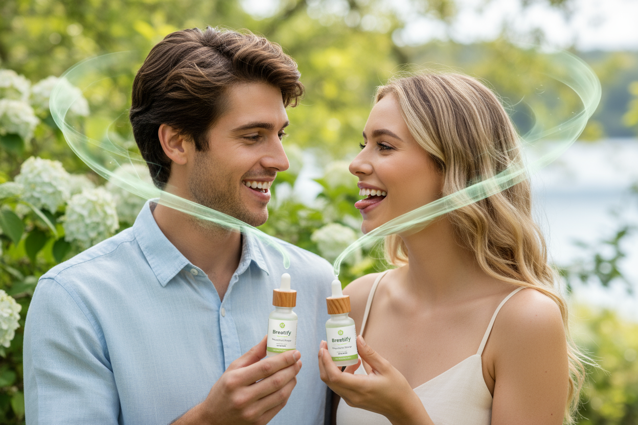 Genera una imagen de una pareja de novios que tienen mal aliento y usan gotas de breatify para evitar el mal olor 
