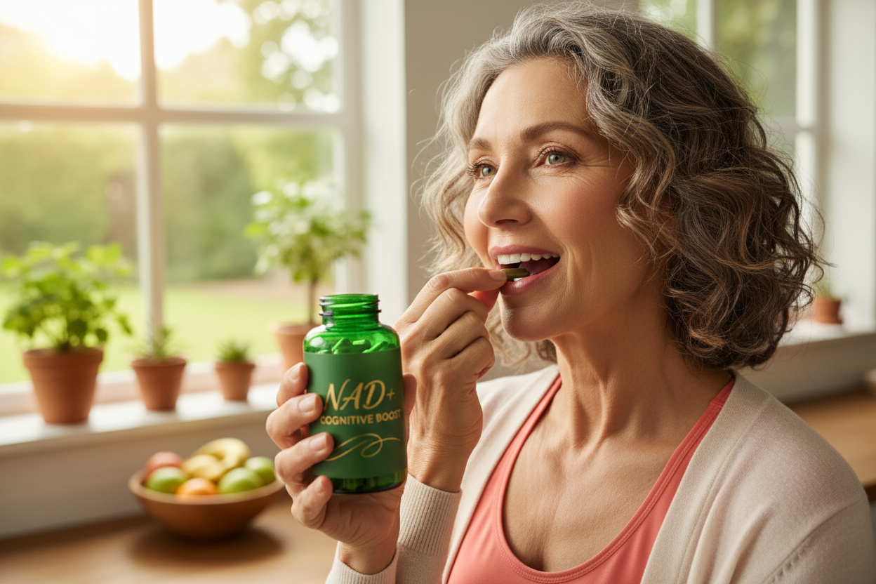 genera una imagen de una Sra de 60 años tomando capsulas de NAD+ frasco verde y letras doradas y que no se olvide de nada 