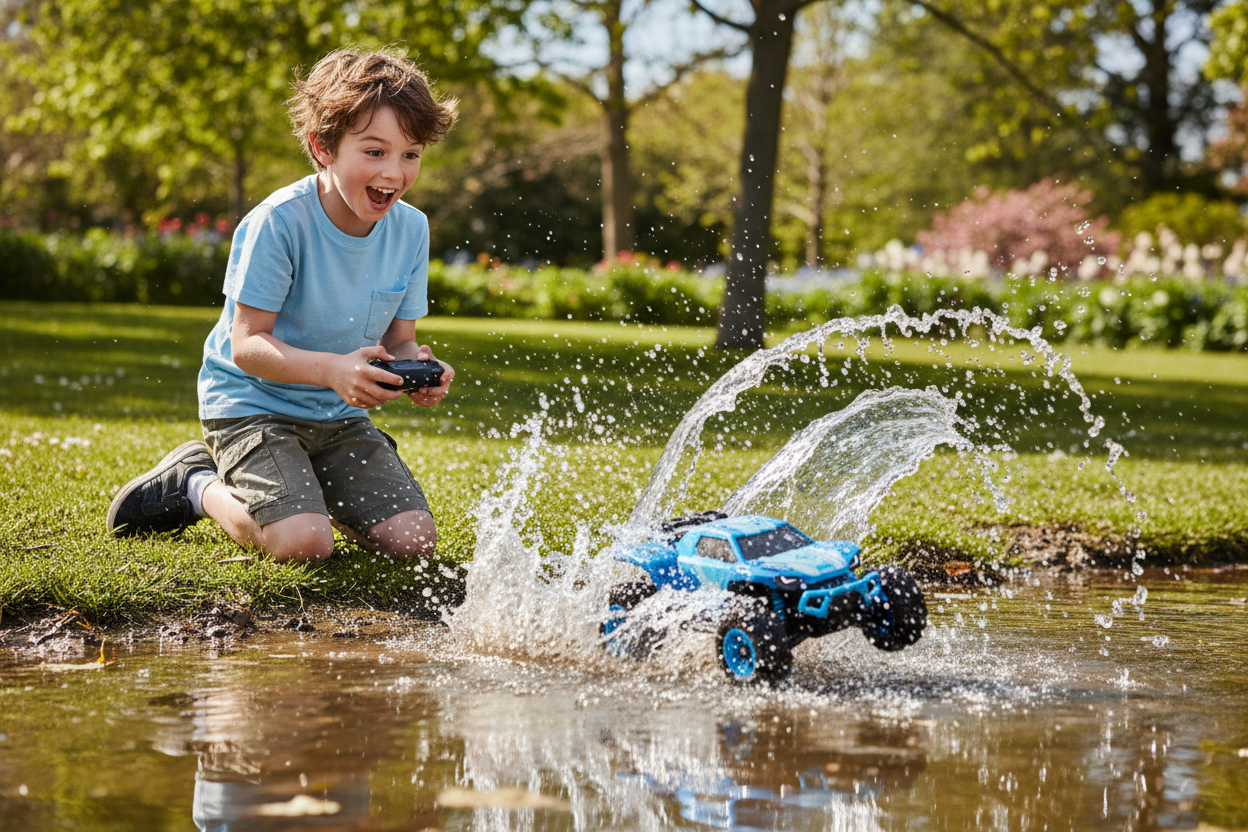 Generame 3 imagnes separadas de un niño jugando con un carrito anfibio con control remoto el colores celeste/zul y Verde/negro. full adrenalina, carro para agua, tierra, pared
