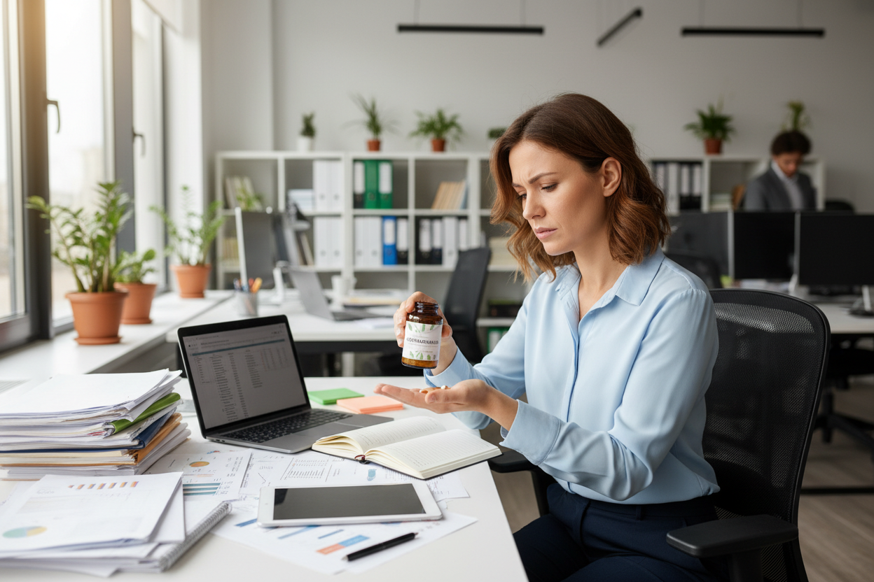 Generame una imagen de uma mujer de 35 años tomando capsulas de ASWAGANDHA frasco marron con verde letras blancas, y que este en su oficina desconcentrada.
