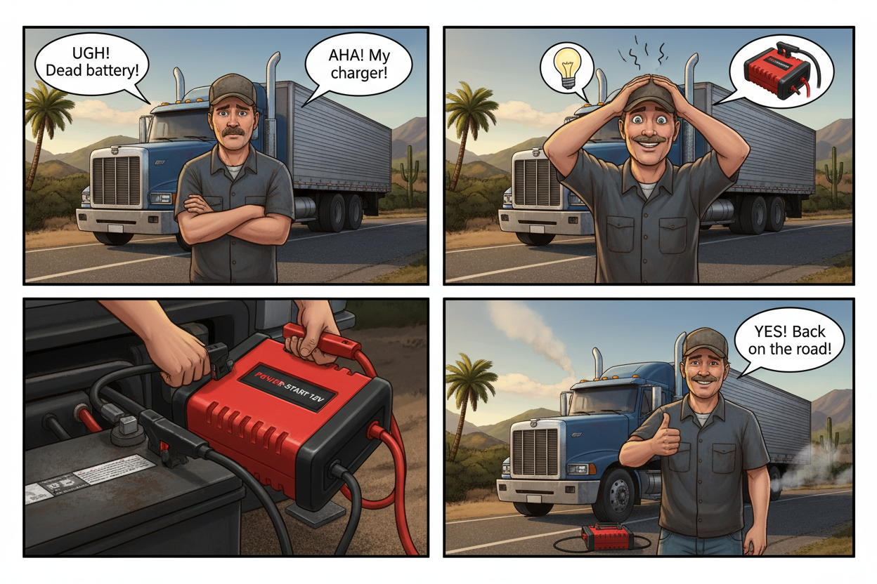 Generame una imagen de un chofer de Camion que que se quedo votado porque se le bajo la bateria, pero se acordó que tenia el Cargador de bateria 12 V rojo con negro y termina feliz.