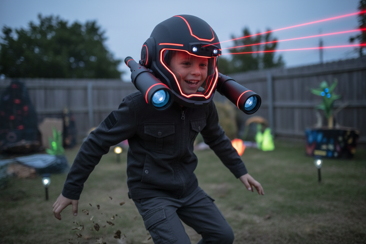 Generame una imagen de un niño de 10 años, jugando con un casco multifuncional, con luces laser, largavistas, color negro luces rojas. el casco en su cabeza.