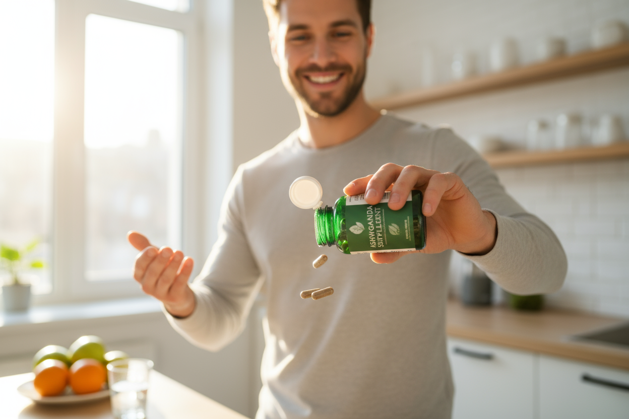 Generame una imagen de un varon tomando capsulas de ASWAGANDHA frasco verde tapa blanca, y que se sienta joven y revitlizado 