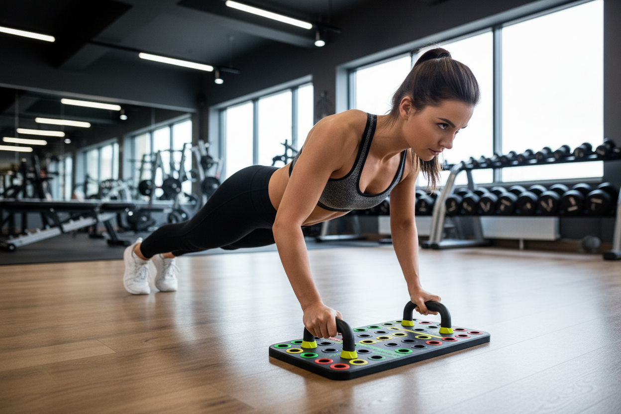 Generame una imagen de una chica haciendo pectorales en una tabla multifuncional, con huequillos, rojo, verde, amarillo.