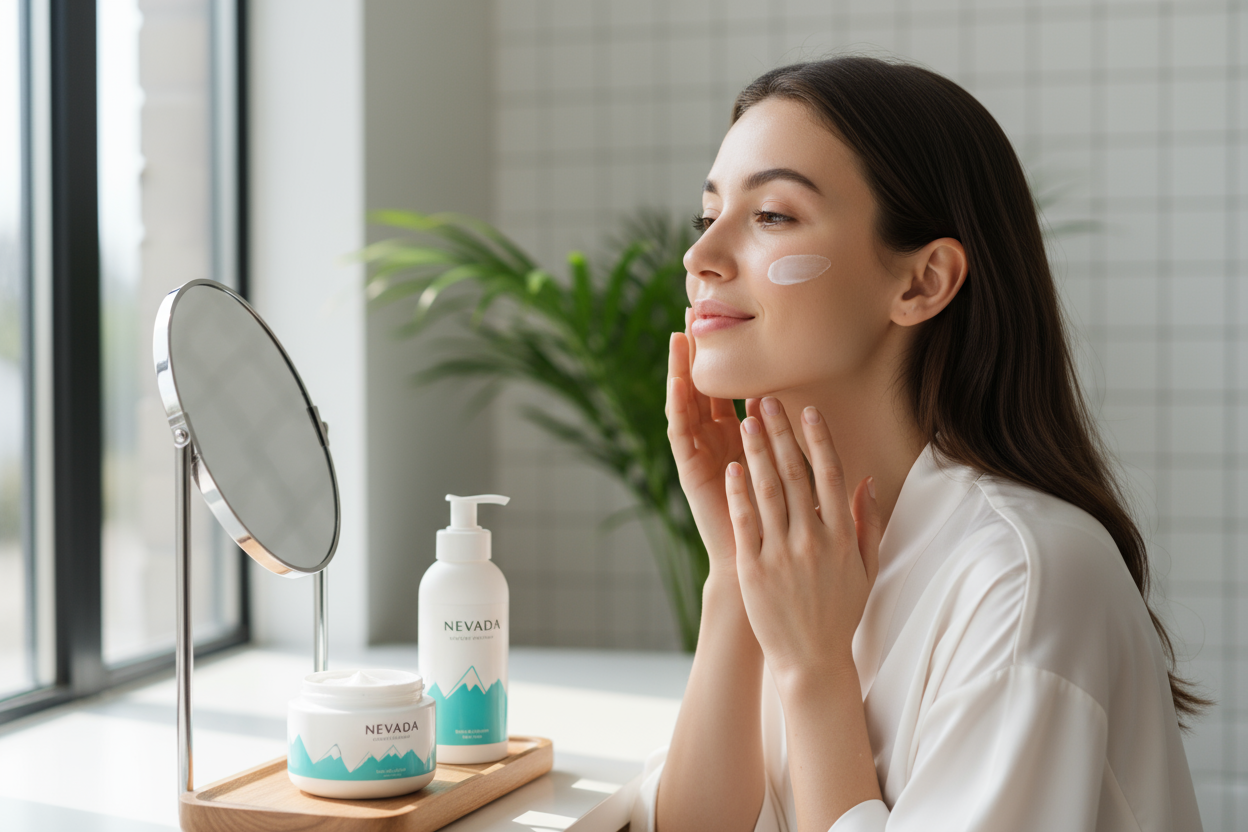 generame una imagen de una mujer de 25 años poniendose crema hidratante de la Marca NEVADA, y que se este mirando la espejo.
