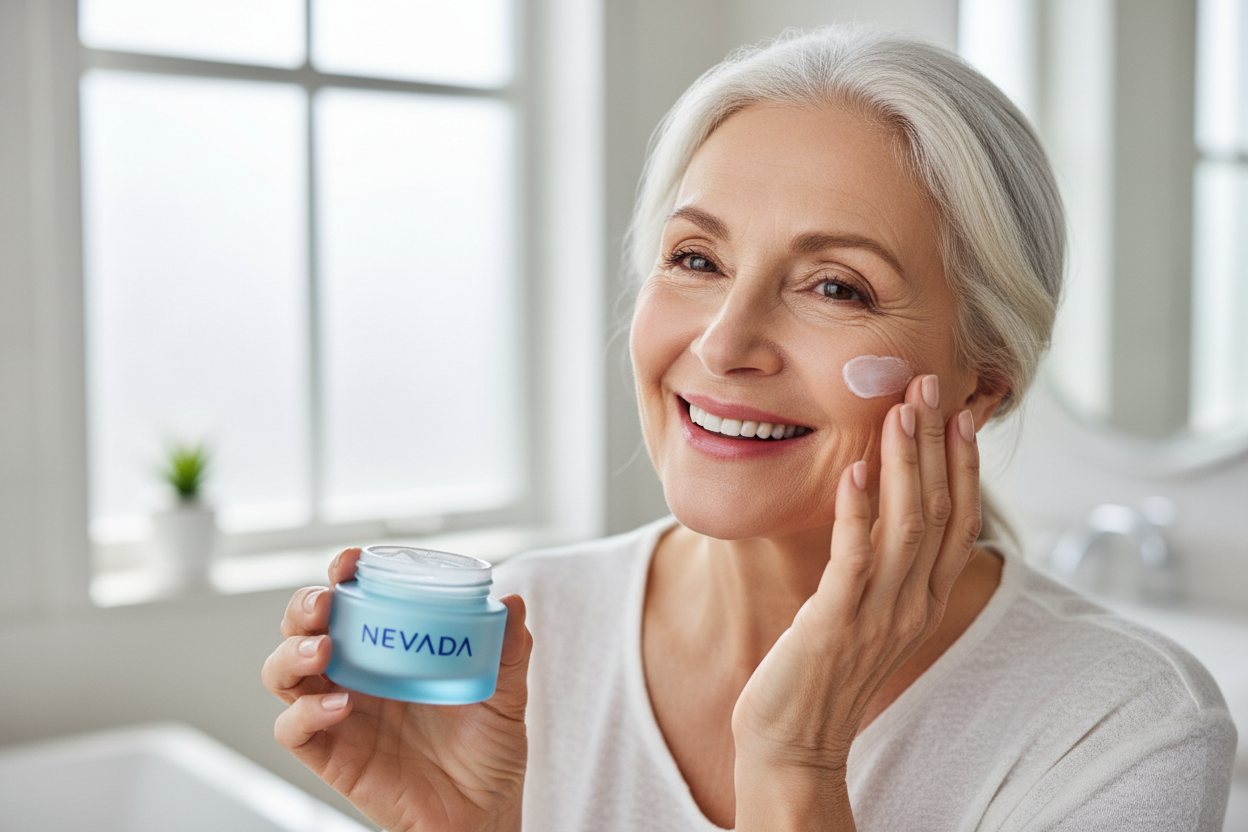 Generame una imagen de una mujer de 60 años usando crema hidratante de celulas madre de la maca NEVADA pote celeste letras azules, y que se siente feliz.