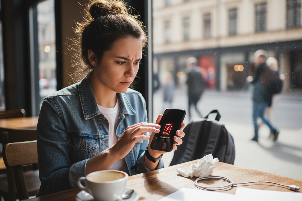 Generame una imagen de una mujer dr 25 años que se quedo sin carga su celular por falta de cargador .