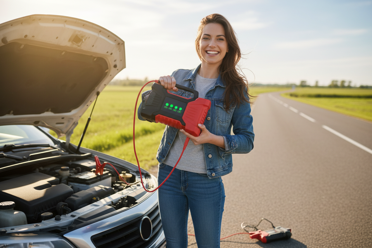 Generame una imgen de una mujer Joven que se quedo votada por falata de bateria pero que lo resolvio con le cargador de bateria 12V color rojo con negro