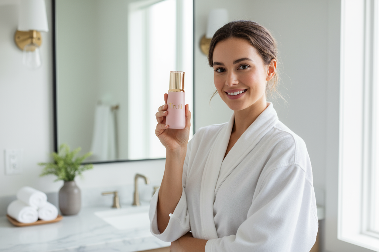 Genrame una chica feliz despues de rasurarse la zona intima. usando Truli, Frasco rosado tapa dorado