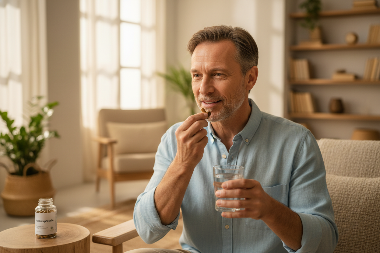 Genrame una imagen de un varon de 50 años tomando capsulas de Ashwagandha que este relajado y feliz 