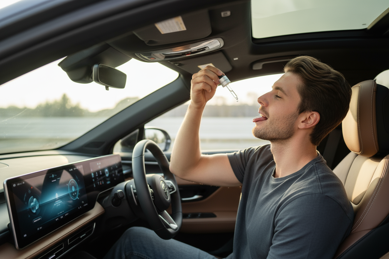 Genrera otra imagen de un joven usando gotas de Breatify dentro de su auto 