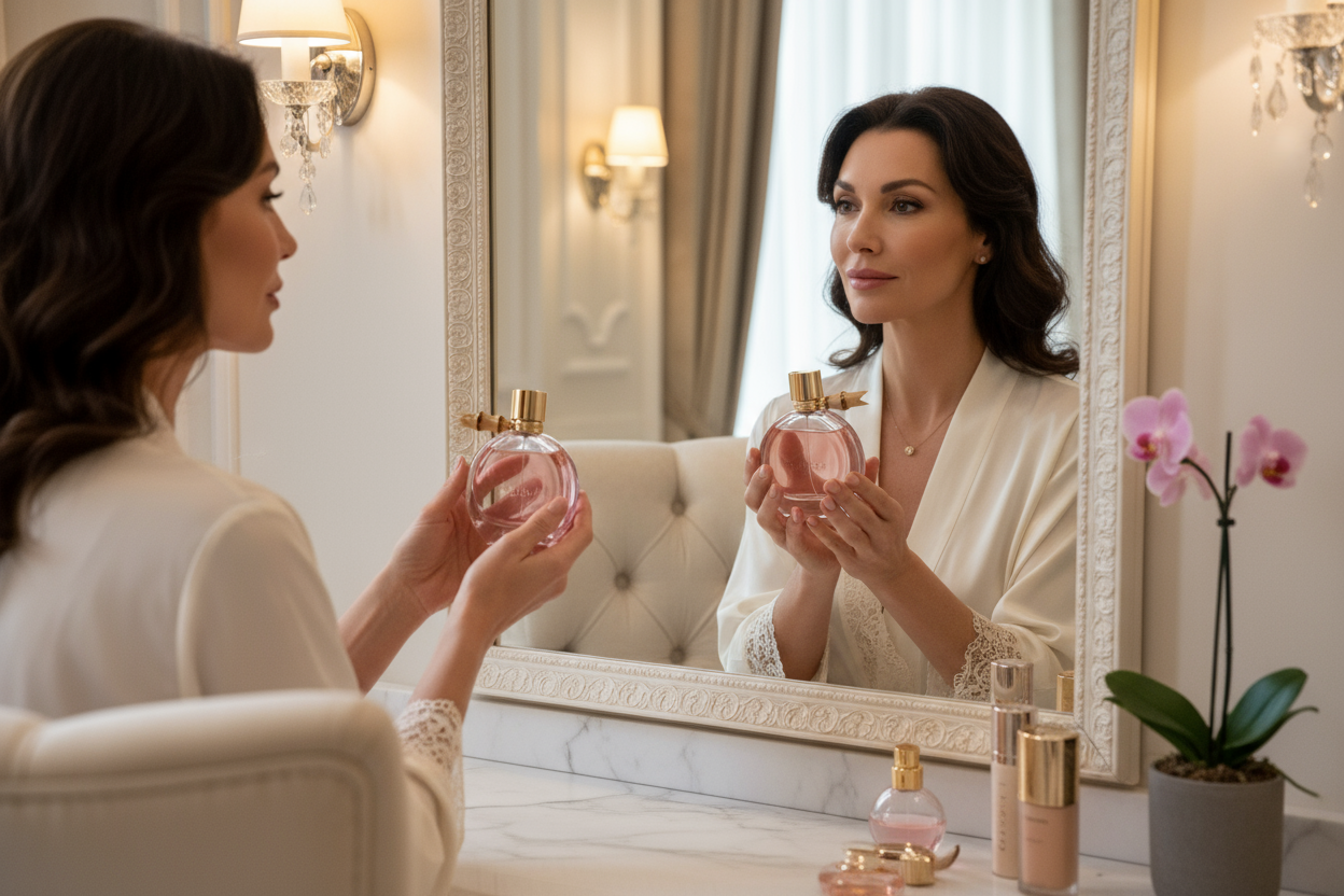 IMAGEN DE MUJER DE 40 AÑOS USANDO EAUN PERFUM DE GOCCI BAMBU FRACO REDONDO Y ROSADO MIRANDOSE AL ESPEJO